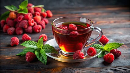 Poster - Cup of raspberry tea with fresh raspberries on a dark, rustic background, raspberry, tea, cup, drink, refreshment, fruit