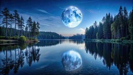 Sticker - A peaceful night landscape with a full moon shining over a calm lake surrounded by tall trees, night, landscape, moon, stars