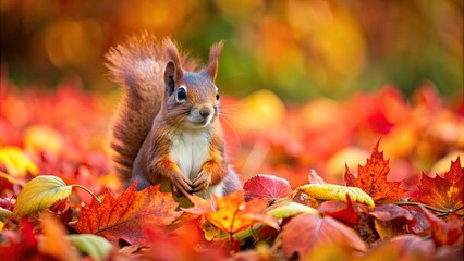 Poster - Red squirrel camouflaged among colorful foliage in the autumn forest, squirrel, red, autumn, forest, wildlife, nature