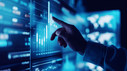 Wall Mural - Close-up of a hand pointing at financial charts on a digital touchscreen, showcasing data analysis and stock market trends.