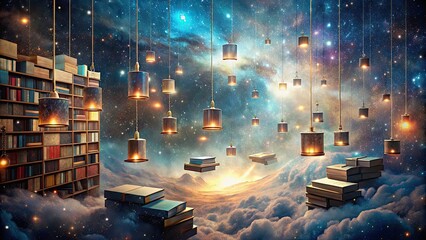 Wall Mural - enchanted nebula library with books suspended in cosmic atmosphere, nebula, library, books, cosmic, 