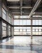 © DeepView - Bright and airy interior empty industrial nave offices with large windows and high ceilings , sunlight streaming in