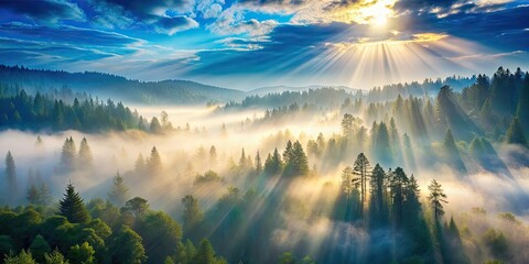 Canvas Print - Misty forest landscape with sunlight breaking through blue sky and clouds, misty, forest, landscape, sunlight, blue sky, clouds