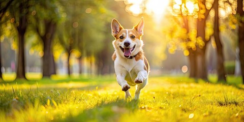 Sticker - Playful dog running through the park on a sunny day, dog, park, playing, running, happy, pet, animal, outdoor, green