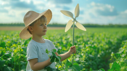 A boy holding a windmill runs on a green grass field.