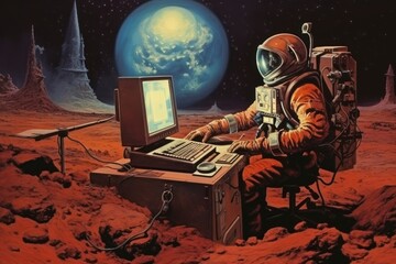 Wall Mural - Businessman working with computer on mars astronomy space electronics.