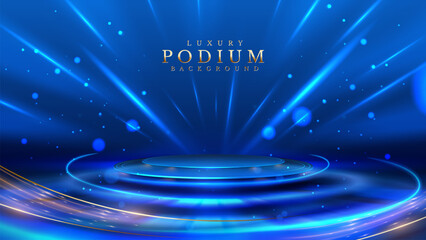 Wall Mural - empty podium golden on blue background with light neon effects with bokeh decorations. luxury scene 