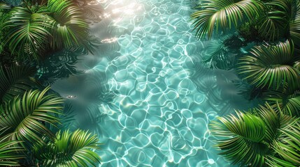 Wall Mural - 3D rendering of palm leaves shadow on the water surface in a swimming pool with a light blue background