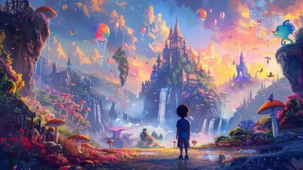 There is an animated boy exploring a fantasy world full of whimsical creatures and enchantments.