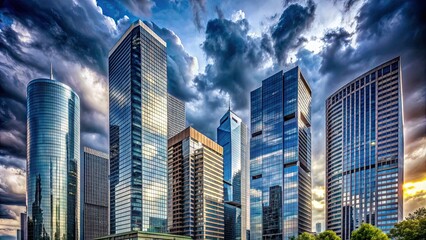 Sticker - Skyscrapers and high-rise buildings with modern architecture against a cloudy sky , urban, cityscape, skyline, architecture