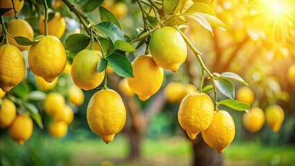 fresh yellow lemons hanging from a tree branch in a sunny garden, lemons, tree, branch, garden, citr