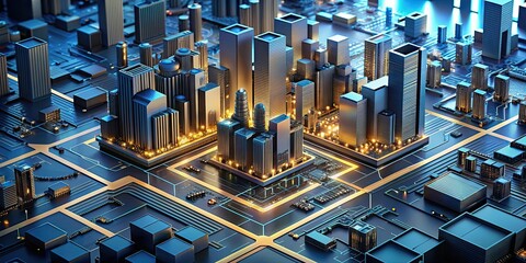 Wall Mural - Cityscape merging with isometric circuit board technology, cityscape, technology, circuit board, isometric, futuristic