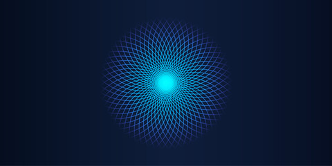 Poster - Abstract blue green glowing lines weaving in circle shape isolated on dark blue background. Vector illustration.