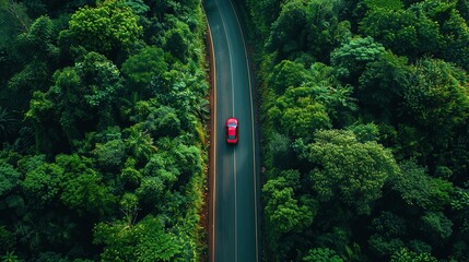 Red Car on a Winding Road Through Lush Forest