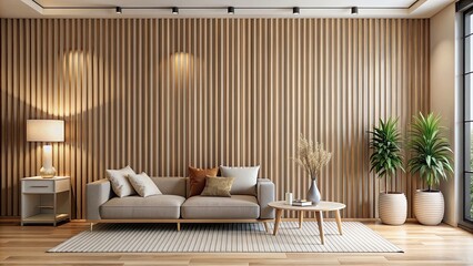 Sticker - Modern interior with beige striped walls and light wood accents , beige, stripes, light wood, modern, interior