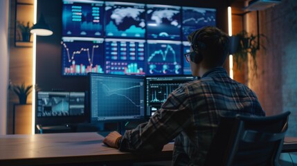 Fototapete - A man sits in front of multiple computer monitors, analyzing data displayed on charts and graphs. The room is dimly lit, with only the screens illuminating the space.