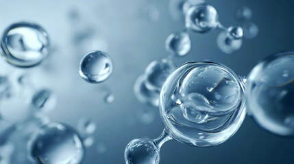 Poster - Close-up image of transparent molecules floating in a blueish environment, representing molecular structure, science, or chemistry concepts.