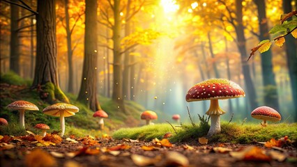 Wall Mural - Enchanted mushrooms scattered throughout a magical autumn forest , Enchanted, mushrooms, forest, autumn, magical, woodland