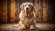 © Wanlop - Adorable fluffy white large breed dog with floppy ears and sweet expression sitting alone on a rustic wooden floor.