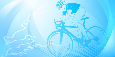 Wall Mural - Cycling themed background in light blue colors with sport symbols such as an athlete cyclist and a bike race route, as well as abstract curves and dots