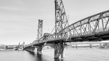 Sticker - Portland, Oregon - August 18, 2017: City streets and buildings on a sunny summer day