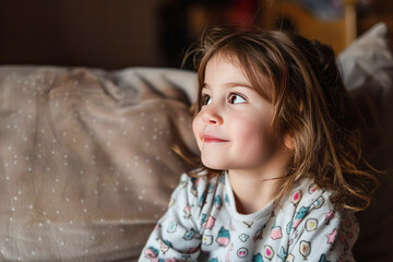 Wall Mural - little girl in night wear sitting on the bed