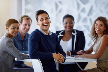 Poster - Business people, strategy meeting and teamwork in portrait for sales target and communication in office. Happy, corporate group and documents at table in conference room for collaboration and laugh