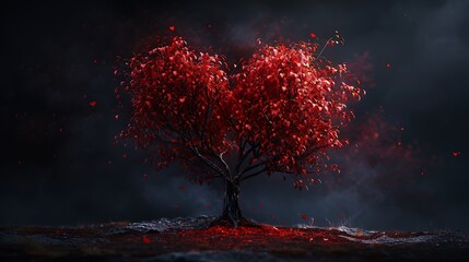 Concept art of a red heart-shaped tree with red leaves, dark background, ultra-realistic, wide angle, and hyper-detailed, cinematic.