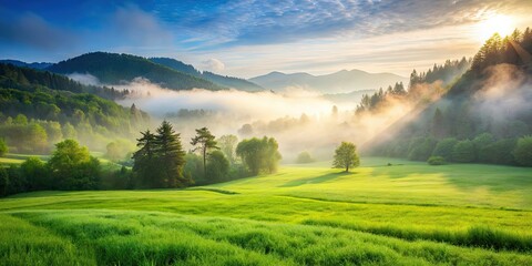 Poster - Lush green meadow with a light mist rolling in, meadow, mist, fog, green, nature, peaceful, tranquil, serene, landscape, morning