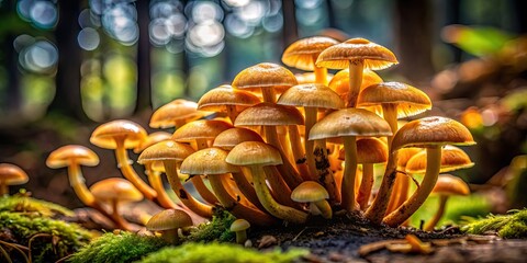 Sticker - Close-up of honey mushrooms growing on dark forest floor, honey mushrooms, forest, close-up, dark background, nature, fungi