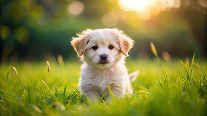 Sticker - Adorable fluffy puppy playing in a grassy field, cute, playful, furry, pet, dog, animal, young, happy, grass, adorable, domestic