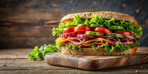 Poster - Delicious sandwich filled with fresh ingredients , ham, cheese, lettuce, tomato, mayonnaise, whole grain bread, lunch