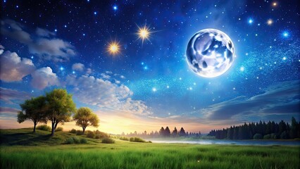 Wall Mural - Scenic landscape with bright moon and twinkling stars, night sky, astronomy, celestial, moonlight, peaceful, serene, tranquil