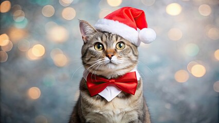 Poster - Adorable cat dressed up for Christmas with Santa hat and a bow tie, cute, kitten, festive, holiday, pet, animal, Xmas