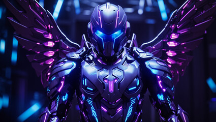 The image shows a robot wearing armor and wings, with glowing blue and purple lights. The background is dark and blurry.

