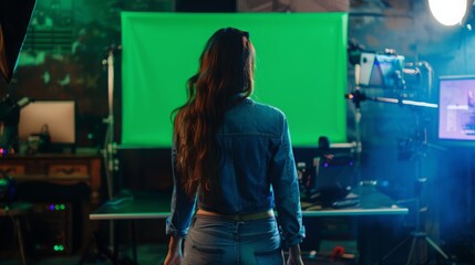 Wall Mural - A woman stands facing a green screen, preparing for a film shoot. The camera is set up and ready to record.