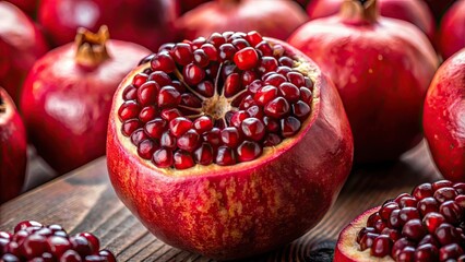 Poster - Close up of vibrant pomegranate with glistening seeds , fruit, juicy, red, antioxidant, healthy, superfood, tropical