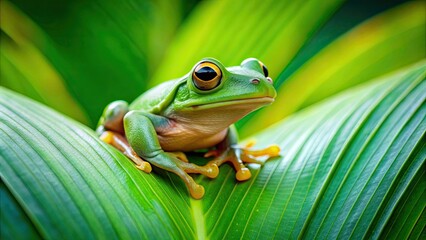 Canvas Print - A cute green frog resting on a vivid green leaf , wildlife, exotic, amphibian, nature, peaceful, tropical, green