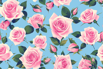 Wall Mural - A seamless pattern of delicate pink roses with green leaves on a light blue background. The design is soft and romantic, ideal for a variety of decorative uses.