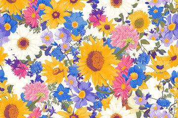 Poster - A colorful floral pattern showcasing sunflowers, daisies, and other wildflowers in shades of yellow, blue, and pink on a white background. The design is lively and vibrant.