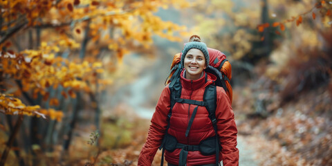 Wall Mural - Woman admiring beautiful foggy landscape in autumn forest. Adventurous young girl with backpack. Hiking and trekking on a nature trail. Traveling by foot.