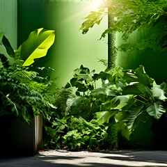 green leaves representing sustainability and the green theme. Urban greenery with city skyscrapers background. Contrast between the green of nature and the gray of pollution