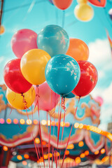 Colorful balloons bring joy and excitement to a bustling summer fair, capturing the spirit of carnival fun and celebration. Concept of fun, childhood, joy, and entertainment.