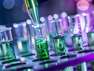 Sterilized test tubes arranged in rows with green liquid being poured into one tube, blurred background of laboratory equipment 