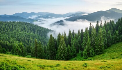 Wall Mural - foggy spruce forest woodland panoramic landscape mountain hills foggy woodland carpathian green mountains ukraine