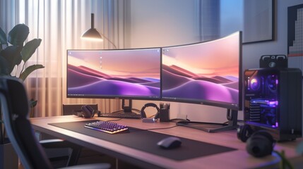 Poster - A modern home office with a large desk featuring two curved monitors, a keyboard, mouse, and a gaming PC tower.