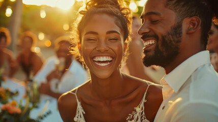 Wall Mural - Portrait of a happy African American woman having fun at a summer party. Young woman enjoying an outdoor holiday at sunset. Holiday, party concept.