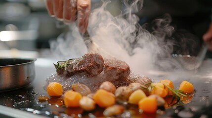 Bakery dish being prepared smokey view with chef in kitchen