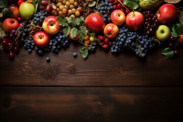 Wall Mural - still life with bunches of grapes, berries and fresh and juicy fruits against a dark old wooden background, rural vintage style, the concept of fresh and healthy food