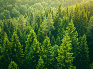 Lush Green Forest Canopy from Above - Stunning Aerial View of Evergreen Trees, Pine Forests, Dense Foliage, and Natural Wilderness Landscapes